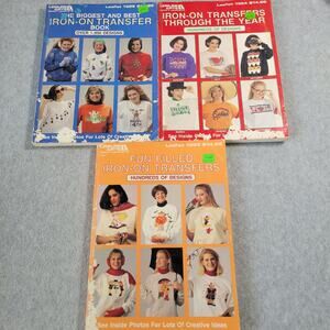 Lot 3 Leisure Arts Book Iron On Transfers Hundreds Designs Craft Shirts Vtg VGUC